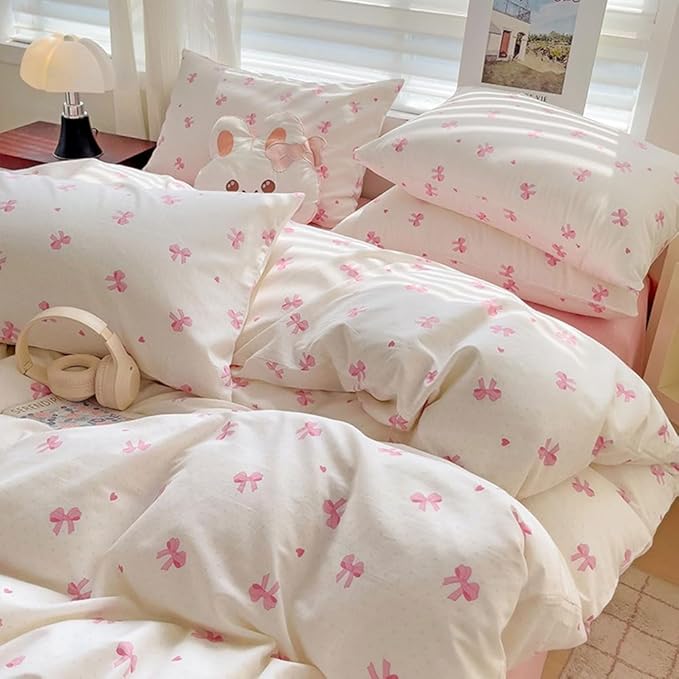 Nayoroom Pink Bow Duvet Cover Full Size Heart Bows Printed Coquette Bedding Set - Image 6
