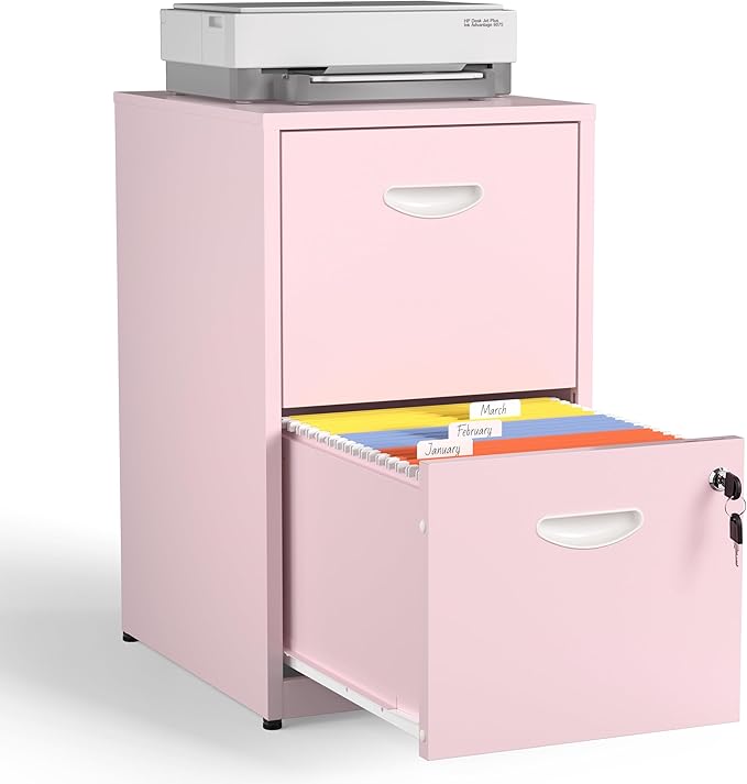 Kubohogar 2 Drawer File Cabinet with Lock,Pink Metal Filing Cabinets,Vertical Locking File Cabinet Fit Hanging Files, Letter,File Box and A4 Documents(Pink)