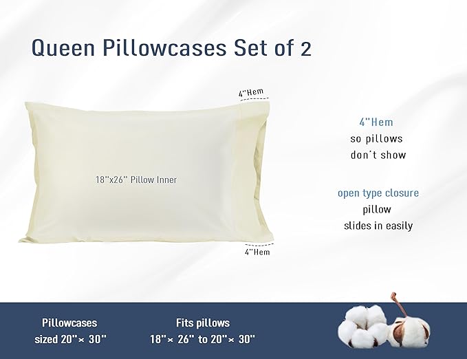 Pillow Cases, Standard Queen Size Cotton Percale Weave Pillowcases, Pre-Shrunk - Image 3
