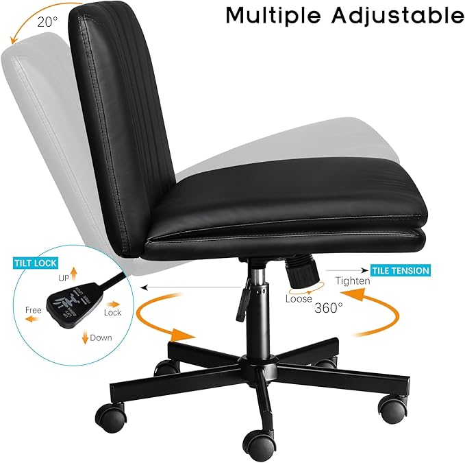 PUKAMI Criss Cross Chair with Wheels,PU Leather Armless Cross Legged Office Vanity Desk Chair for Home Office,Modern Swivel Height Adjustable Wide Seat(Black)