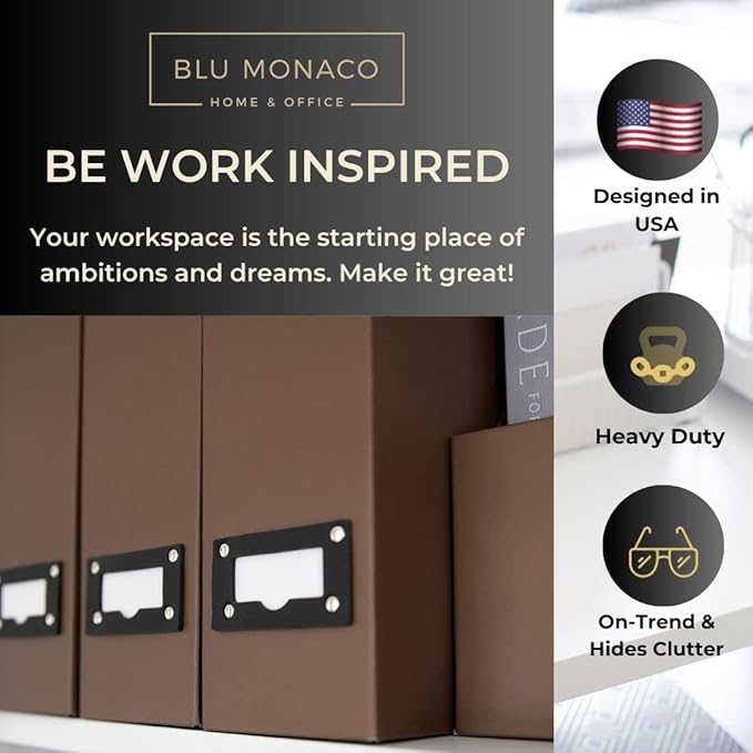 BLU MONACO | Cardboard Magazine File Holder Set of 6 | Vertical Magazine File Holder with Leather Label Slots | Standing File Holder and Cardboard Bins for Shelves Desk Office