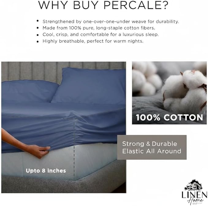 Linen Home 100% Cotton Percale Sheet Set, Full Size, Baby Blue, Deep Pocket - Image 4