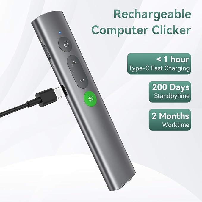 Wireless Presentation Clicker PowerPoint Remote: USB C A Presenter PPT Power Point Google Slide Advancer with Green Laser Pointer Smart Board Clicker for Computer Laptop Mac Projector Office Classroom