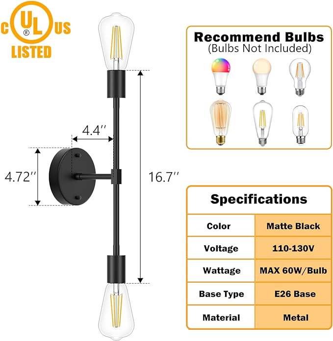 FadimiKoo 2-Light Black Bathroom Light Fixtures, Modern Wall Sconces Lighting - Image 2