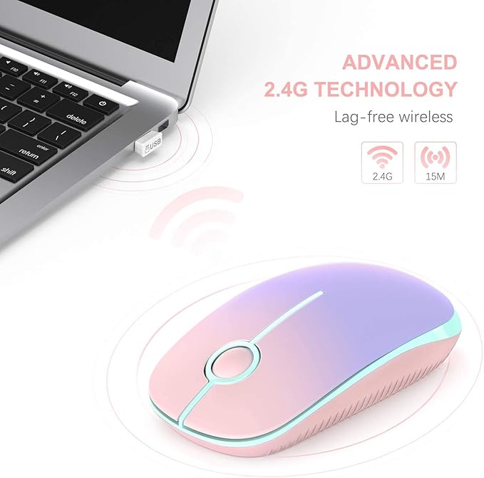 VssoPlor Wireless Mouse, 2.4G Slim Portable Computer Mice with Nano Receiver Quiet Silent Optical Laptop Mouse for Notebook, PC, Laptop, Computer-Pink to Purple