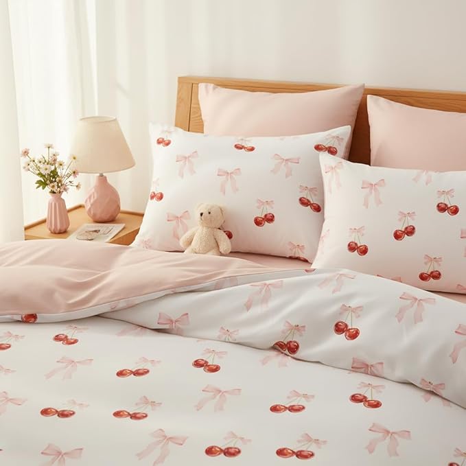 Nayoroom Pink Bow Duvet Cover Queen Size Reversible Red Cherry Duvet Cover 3 - Image 5