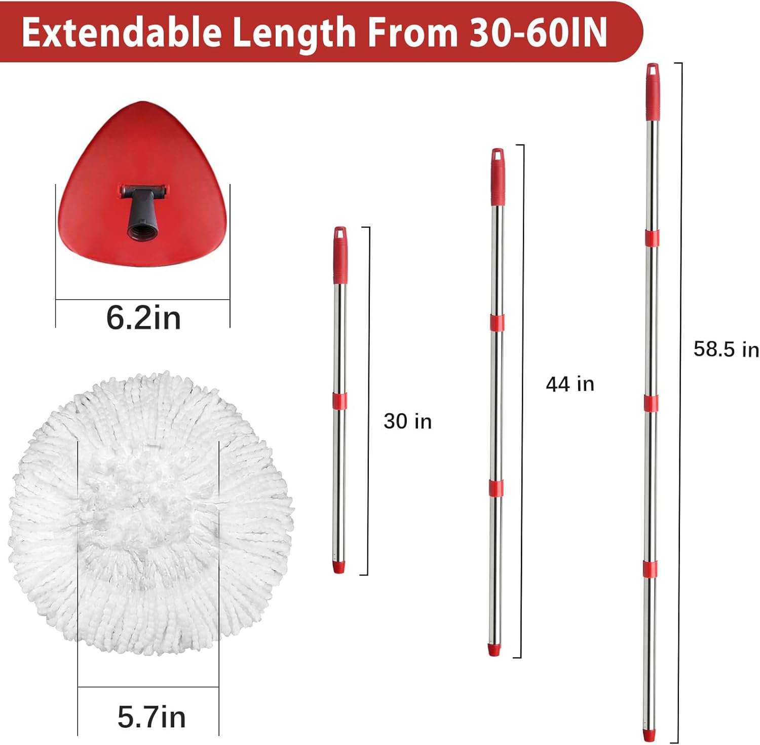 2 Spin Mop Head Replacement, 1 Base, 1 Mop Handle (30-58in) Combo Mops Set Compatible with OCedar EasyWring RinseClean Microfiber Mops (White (1-Tank System))