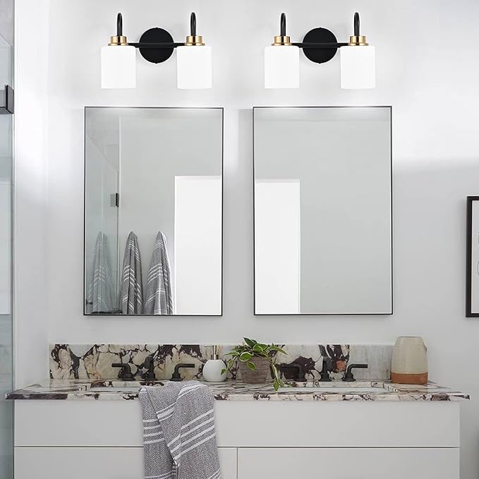 Modern Matte Black and Gold Bathroom Vanity Light Fixtures 2 Lights Milky Glass - Image 2
