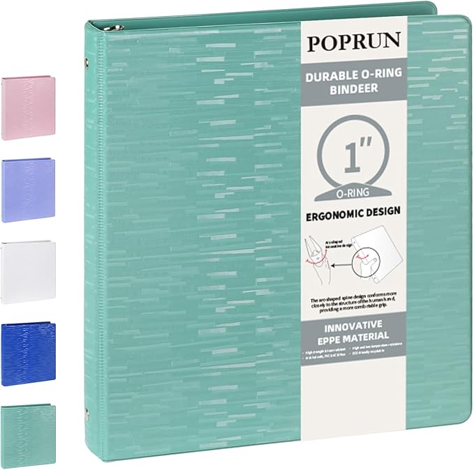 POPRUN 3 Ring Binder 1 Inch, PVC-Free, Holds 175 Sheets of 8.5 x 11 Paper, Extra Durable Organizer with 2 Pockets for School & Office, Heavy-Duty, 1 Pack, Midnight Green