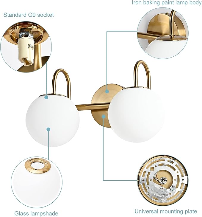 Modern Bathroom Vanity Light Fixtures 2 Lights Brushed Brass Milk White Globe - Image 4