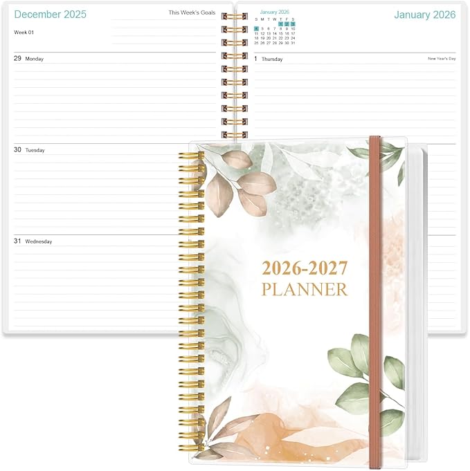2026-2027 Planner - 18 Months Weekly & Monthly Planner from January 2026 - June 2027, Spiral Planners 2026-2027 with Elastic Closure, Inner Pocket, Medium 5.8" x 8.3", Rose Leaf