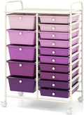 HAPPYGRILL 15-Drawer Rolling Cart, Storage Carts with Removable Drawers & Steel Frame, Utility Cart on Lockable Wheels for Home, School, Office (Purple Gradient)
