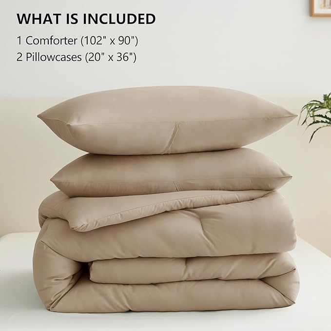 CozyLux King Size Comforter Set Taupe, 3 Pieces Solid Comforters King Size - Image 6