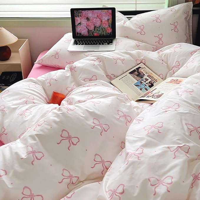 Nayoroom Pink Bow Duvet Cover Queen Size Polka Dot Bowknot Coquette Duvet Cover - Image 6
