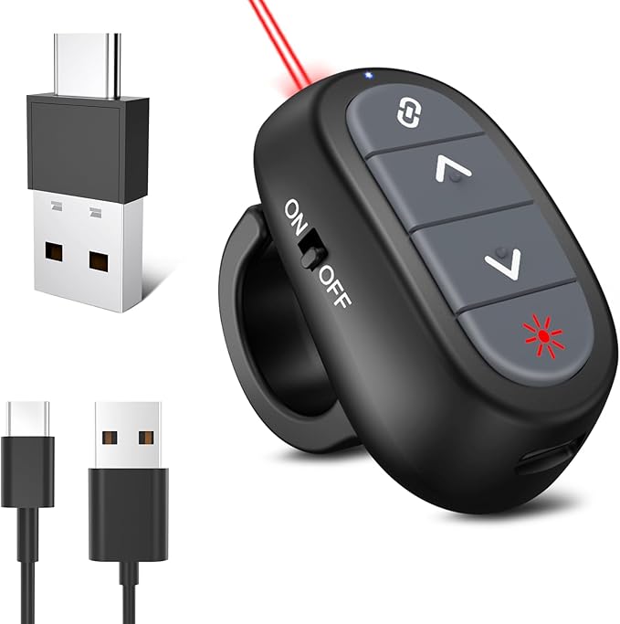 Presentation Clicker PowerPoint Wireless Presenter Remote: USB C Laser Pointer Computer Clickers, Hyperlink Finger Ring Project Power Point PPT Clicker for Mac Laptop Office, Google Slide Advancer
