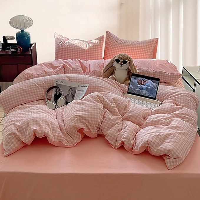 Nayoroom Gingham Duvet Cover Full Size Reversible Pink Plaid Checkered Duvet - Image 5