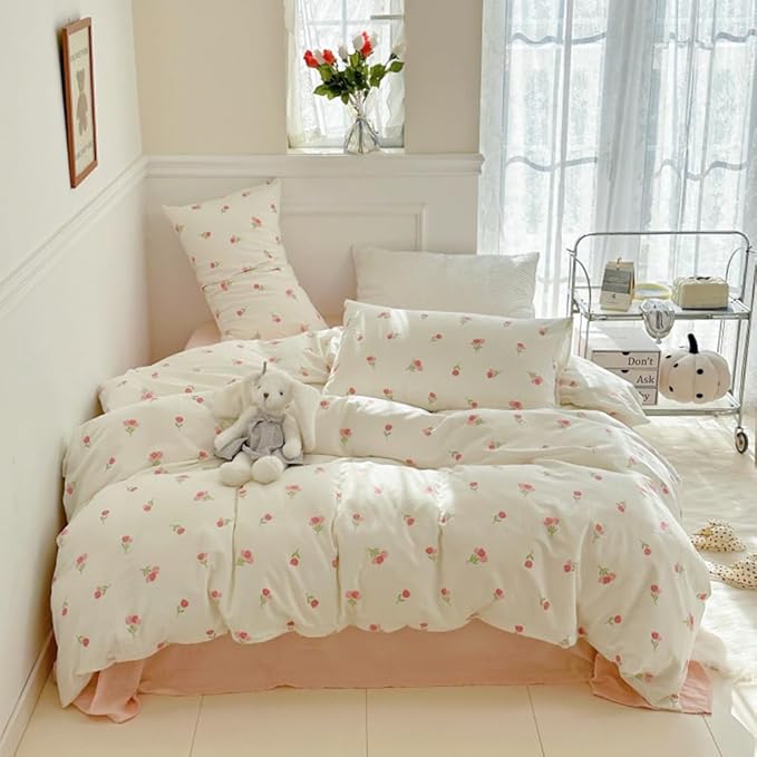 Nayoroom Pink Floral Duvet Cover Full Size Cute Tulip Printed on White - Image 7