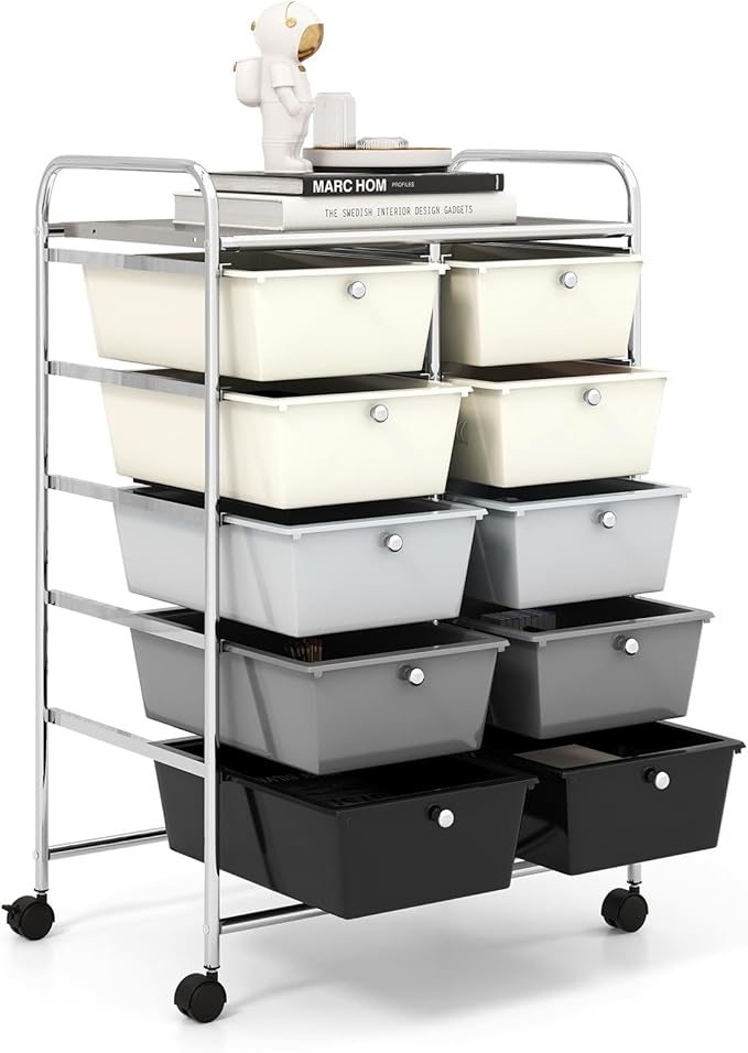 GOFLAME 10-Drawer Rolling Storage Cart, Art Craft Storage Organizer on Wheels, Multipurpose Movable Utility Cart for School, Office and Home, Grey Gradient