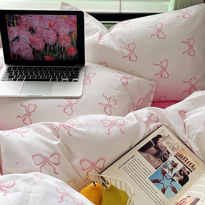 Nayoroom Pink Bow Duvet Cover Queen Size Polka Dot Bowknot Coquette Duvet Cover - Image 7
