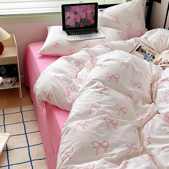 Nayoroom Pink Bow Duvet Cover Queen Size Polka Dot Bowknot Coquette Duvet Cover - Image 4