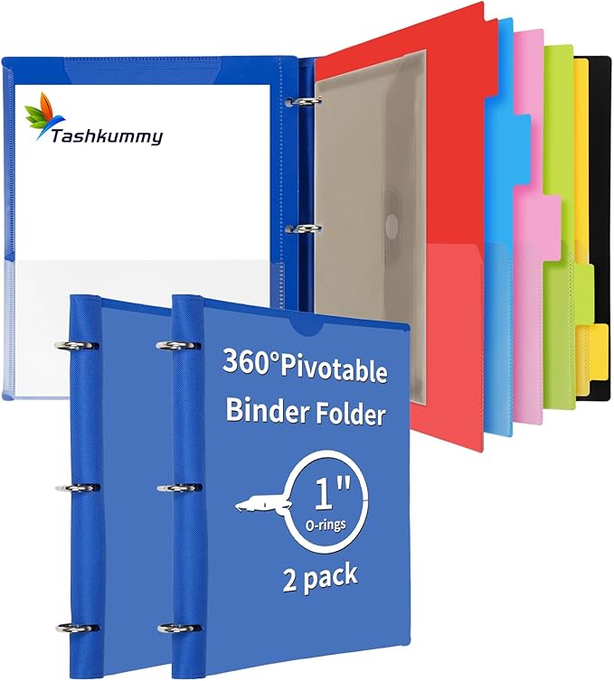 Tashkummy 360° Pivotable Project Organizer Binder, 2 Pack Upgraded 3 Ring Binder with Colored Tab Dividers with Pockets, Customizable Cover Multi Pocket Folder Binder for Home, School, Office- Blue
