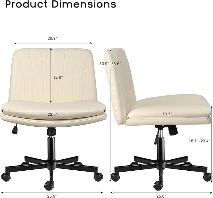 PUKAMI Criss Cross Chair with Wheels,Armless Cross Legged Office Desk Chair,PU Leather Modern Swivel Height Adjustable Wide Seat Computer Task Vanity Chair for Home Office(Beige)
