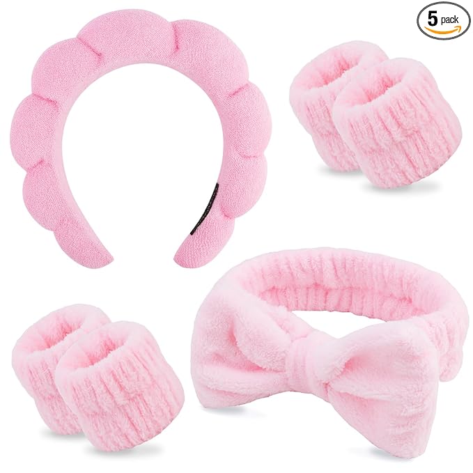Chanaco Spa Wristband and Pink Puffy Sponge Makeup Headband Set by Chanaco