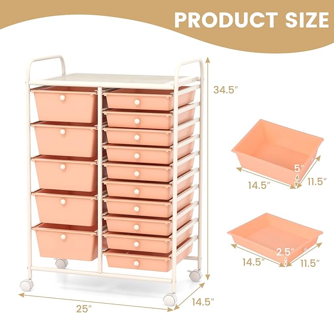 GOFLAME 15-Drawer Rolling Storage Cart, Craft Storage Cart with Removable Drawers & Lockable Wheels, Art Cart Supply Storage Organizer for Home Office Classroom, Peach Fuzz