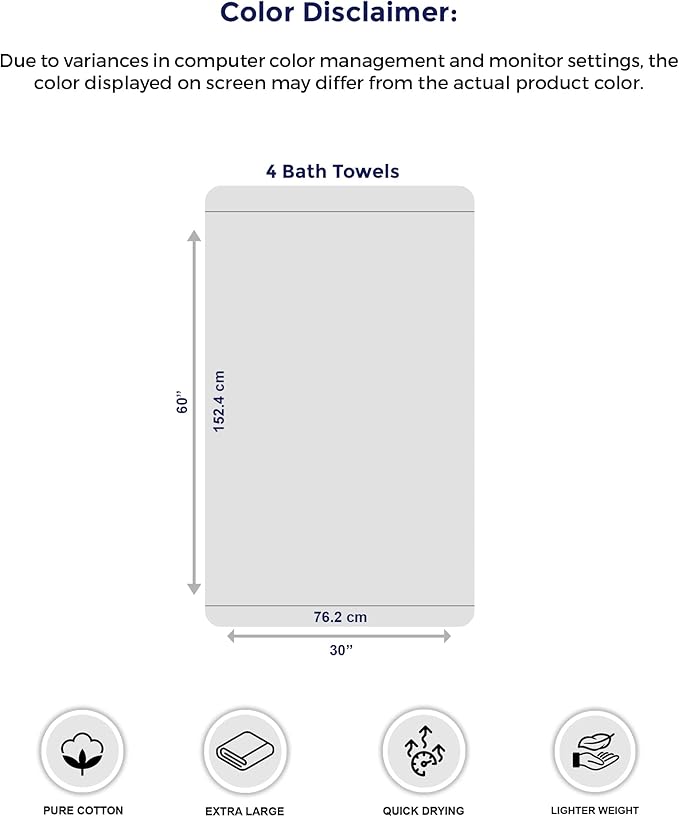 Tens Towels Pack of 4 Extra Large Bath Towels 30 x 60 Inches, 100% Cotton - Image 7