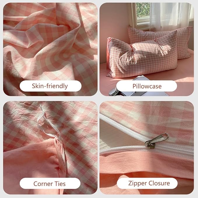 Nayoroom Gingham Duvet Cover King Size Reversible Pink Plaid Checkered Duvet - Image 6