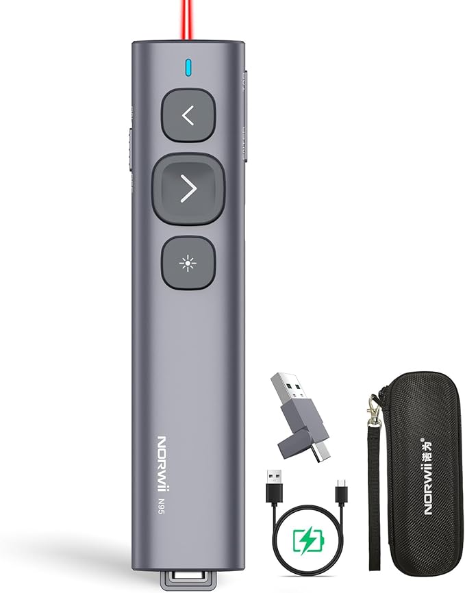 Norwii N95 Presentation Clicker, PowerPoint Clicker for Presentation Remote, Rechargeable Wireless Presenter Pointer, Slide Advancer for PC/Laptop/e-Book (BLE&USB-A&C, Red Light)