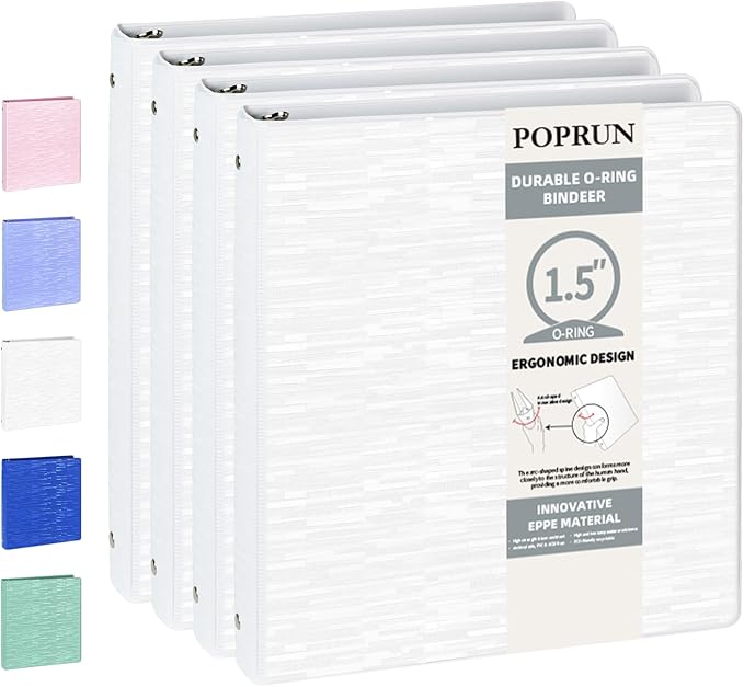 POPRUN 3 Ring Binder 1.5 Inch, PVC-Free, Holds 325 Sheets of 8.5 x 11 Paper, Extra Durable Organizer with 2 Pockets for School & Office, Heavy-Duty, 4 Pack, White