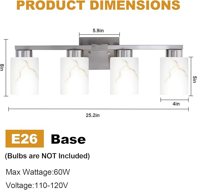4-Light Bathroom Light Fixtures, Modern Vanity Lights, Brushed Nickel Metal - Image 2