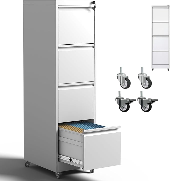 IKIMI 4 Drawer Locking File Cabinet with Wheels,White Metal Mobile Filing Cabinets,Vertical File Cabinet for Home Office,Heavy Duty Rolling Storage Cabinet for A4/Letter/Legal Size,Assembly Required