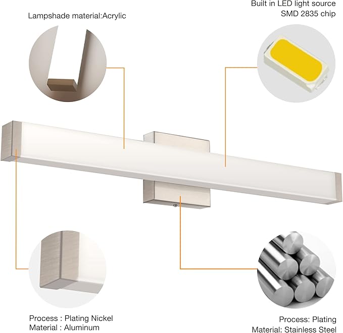 Bathroom Vanity Light Brushed Nickel Square LED 24 inch 14W 4000K Natural White - Image 4