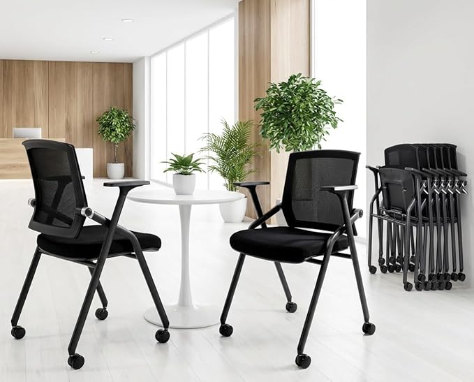 BLANEDUO, 2 Pack Stackable Conference Room Chairs with Paddle Folding Office Foldable Desk Chair Mesh Back and Arms for Conference Meeting Guest Reception Home Office Training Room Chair Black
