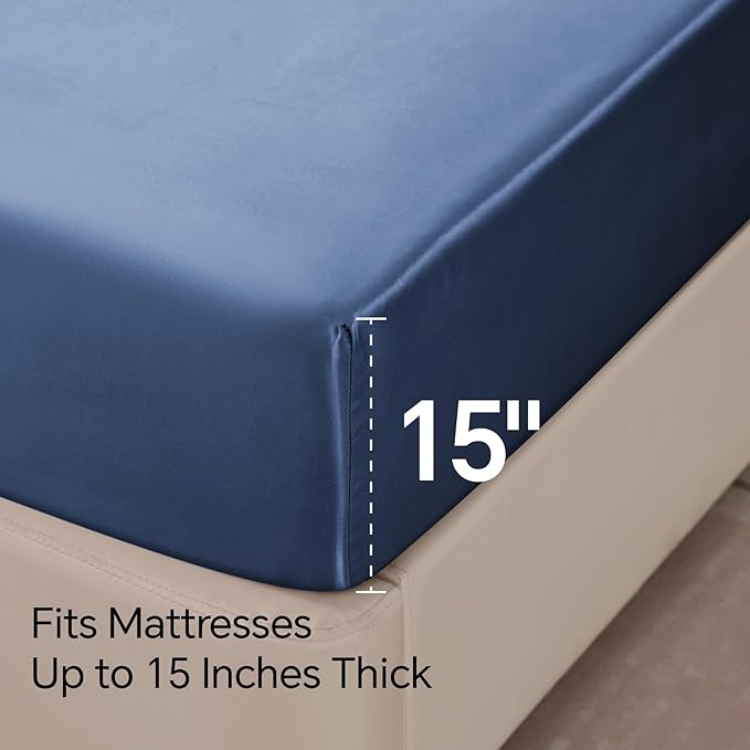 BEDELITE California King Sheets Set, Luxury Soft Navy Satin Sheets - Image 6