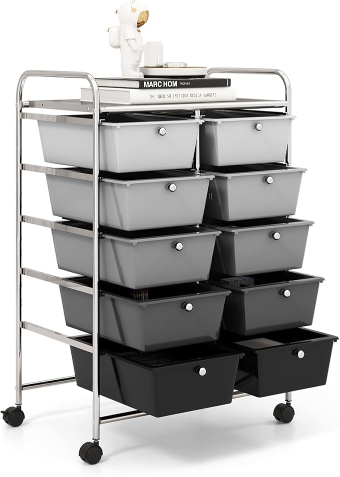 GOFLAME 10-Drawer Rolling Storage Cart, Art Craft Storage Organizer on Wheels, Multipurpose Movable Utility Cart for School, Office and Home, Black Gradient