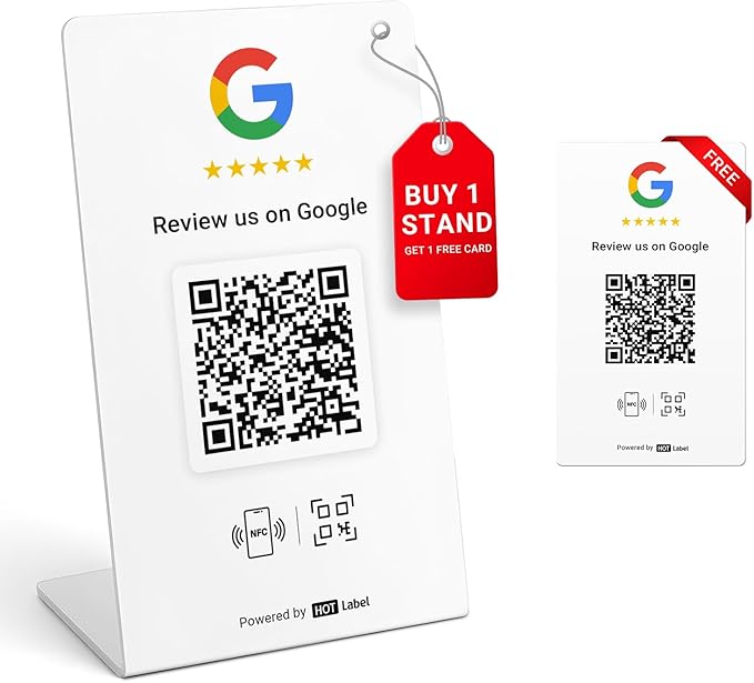 HotLabel Review Stand 1-Pack + Bonus Review Tap Card 1-Pack + For Boosting Business Reviews + White + NFC Tap & QR Code + Supports 2 Different Stores or Same + No App/No Subscription
