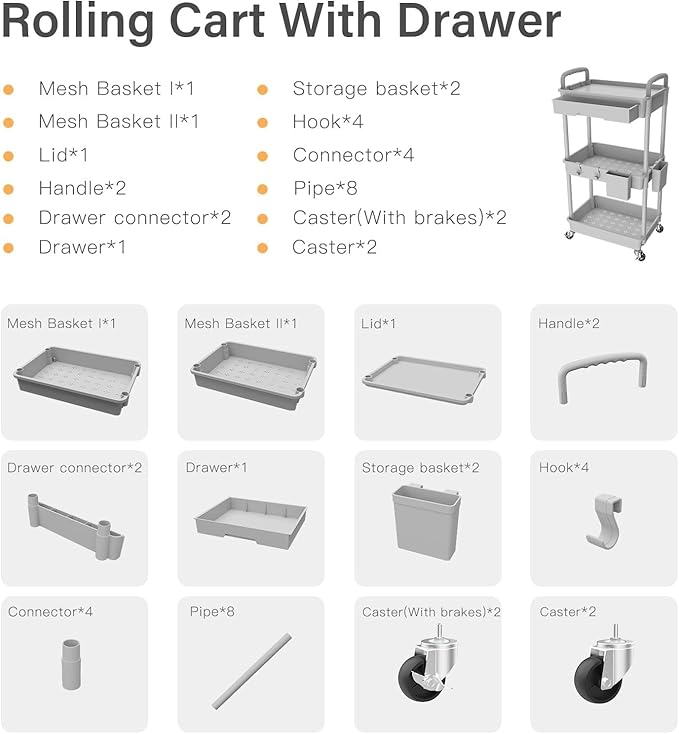 Sorgion 3 Tier Rolling Cart Organizer,Laundry Room Bathroom Organizers and Storage Office Shelves Mobile Shelving Unit Kitchen Trolley Cart with Wheels for Art,Craft,Diaper,Bedside,Snack(Grey)