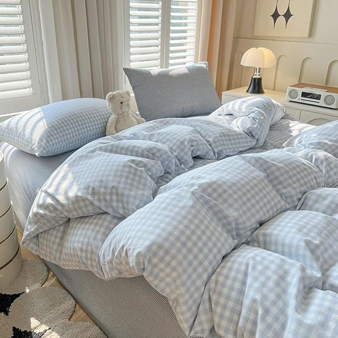 Nayoroom Gingham Duvet Cover Twin Size Blue White Plaid Checkered Comforter by Nayoroom