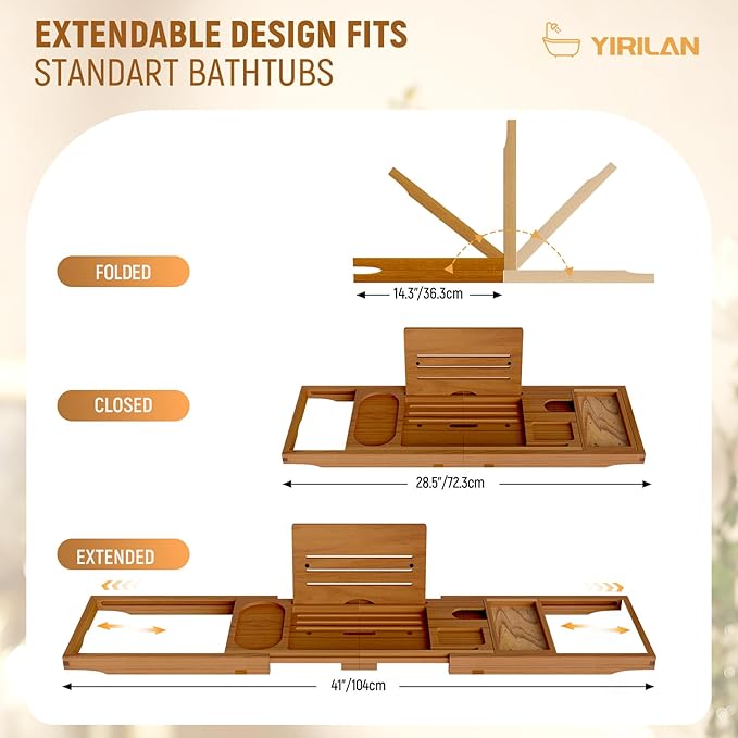 Yirilan Teak Bathtub Tray for Tub, Bath Table Tray for Tub Wood, Bathtub Caddy - Image 2
