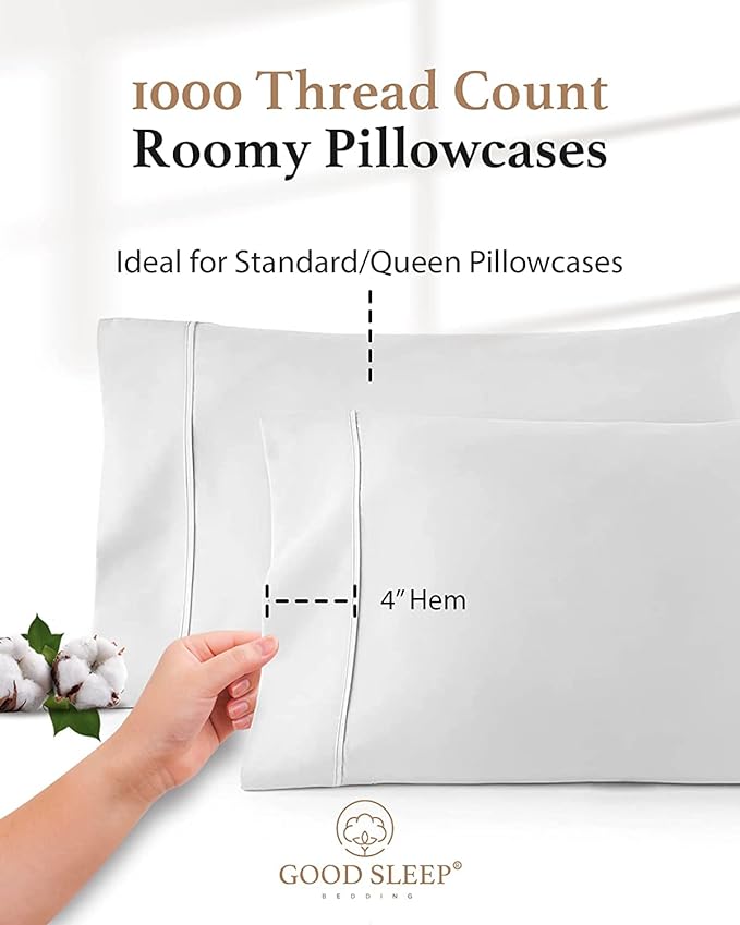 1000 TC White Standard Pillowcases Set of 4 100% Egyptian Cotton Pillow Cases - Image 3