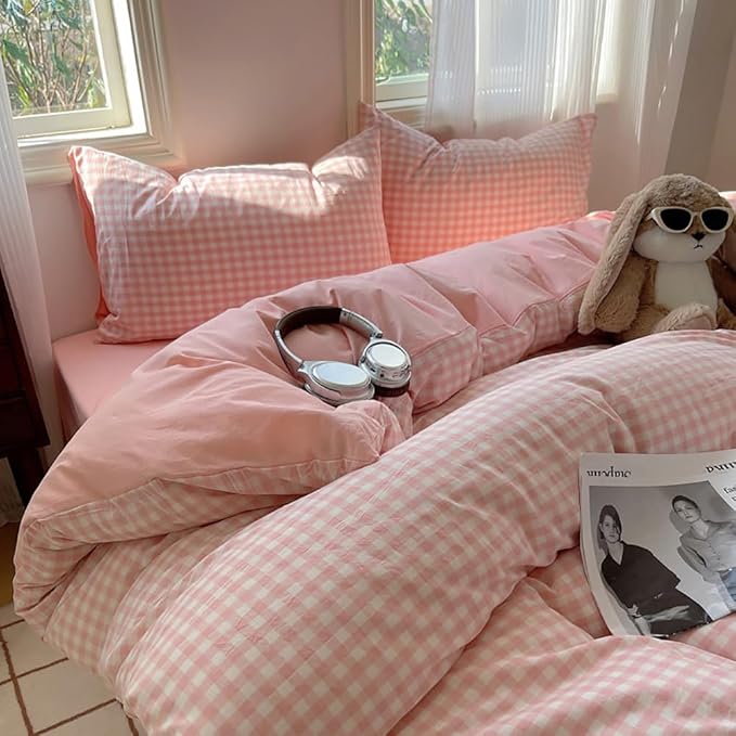 Nayoroom Gingham Duvet Cover Queen Size Reversible Pink Plaid Checkered Duvet - Image 2