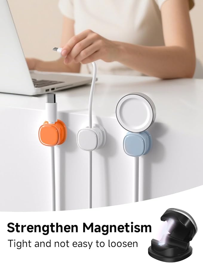 Magnetic Cable Clips, Adjustable Cord Holder Management, Adhesive Wire Keeper Organizer for Home Office Desk Phone PC Car Wall Desktop Nightstand Appliance (9-PCS White_Black_Orange_Blue)