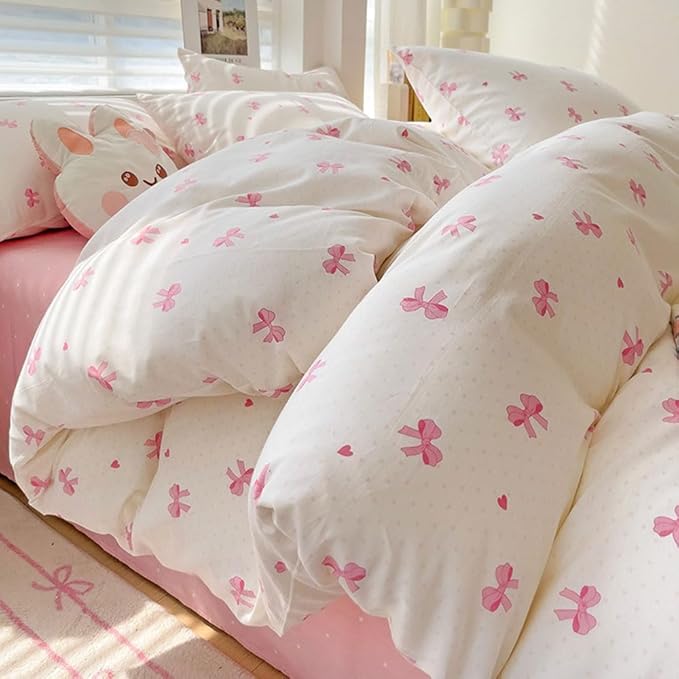 Nayoroom Pink Bow Duvet Cover Twin Size Heart Bows Printed Coquette Bedding Set - Image 7