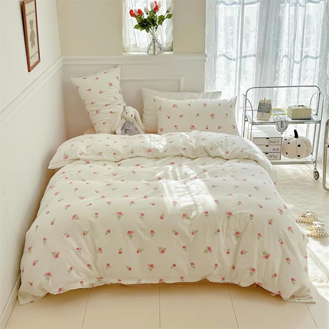 Nayoroom Pink Floral Duvet Cover Full Size Cute Tulip Printed on White - Image 3