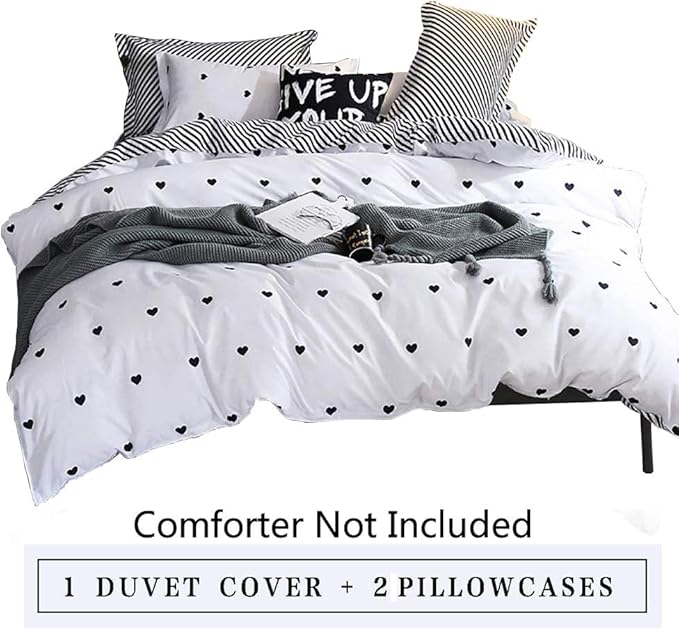 Omelas Kids Heart Love Queen Duvet Cover Set Black and White Teens Girls Lovely - Image 7