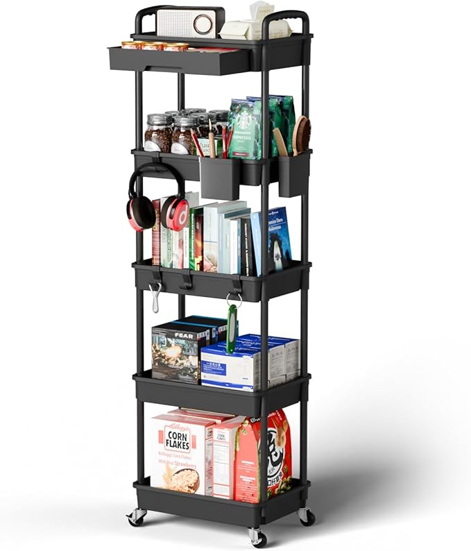 Sorgion 5 Tier Rolling Cart Organizer,Bathroom Cart Organizers with Wheels Laundry Room Organization Mobile Shelving Unit Utility Cart Storage Shelves Multi-Functional for Office, Home(Black)