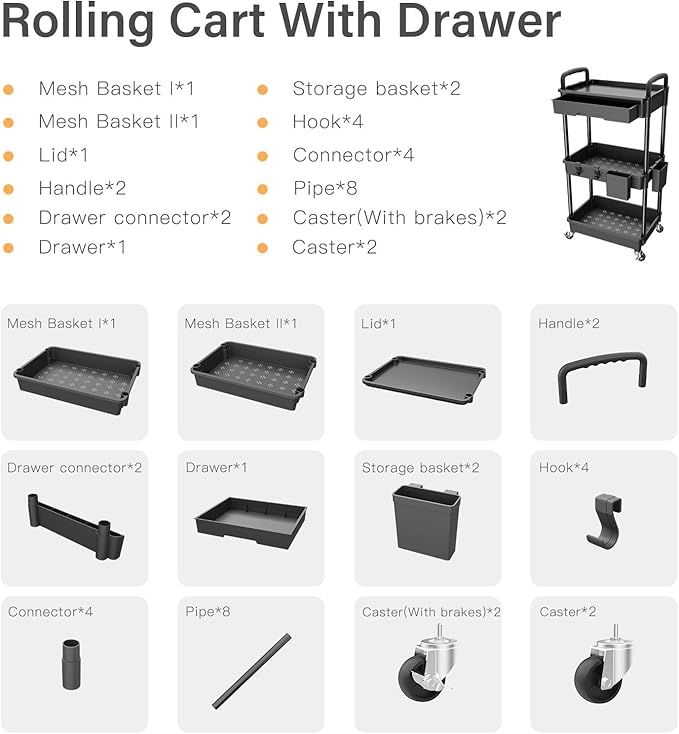 Sorgion 3 Tier Rolling Cart Organizer,Laundry Room Bathroom Organizers and Storage Office Shelves Mobile Shelving Unit Kitchen Trolley Cart with Wheels for Art,Craft,Diaper,Bedside,Snack(Black)